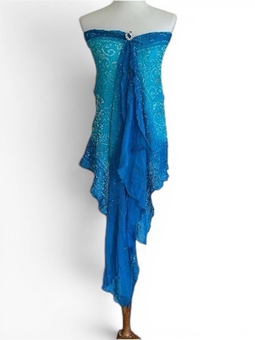 Vintage Y2K Sumac Design Silk Scarf Wrap – Crinkle Hand-Dyed Shawl, Blue